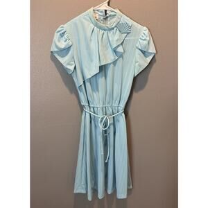 Vintage Lucky Barbara Baby Blue Coastal Stripe Ruffle Dress Size 7 Women's